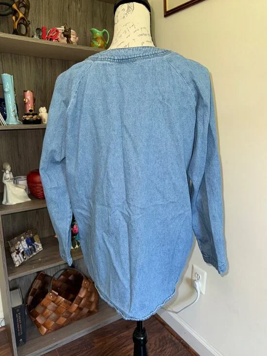 Lajate Denim & Plaid Flannel Button Down Shirt Shacket Womens Large 80s Vintage - Picture 4 of 9